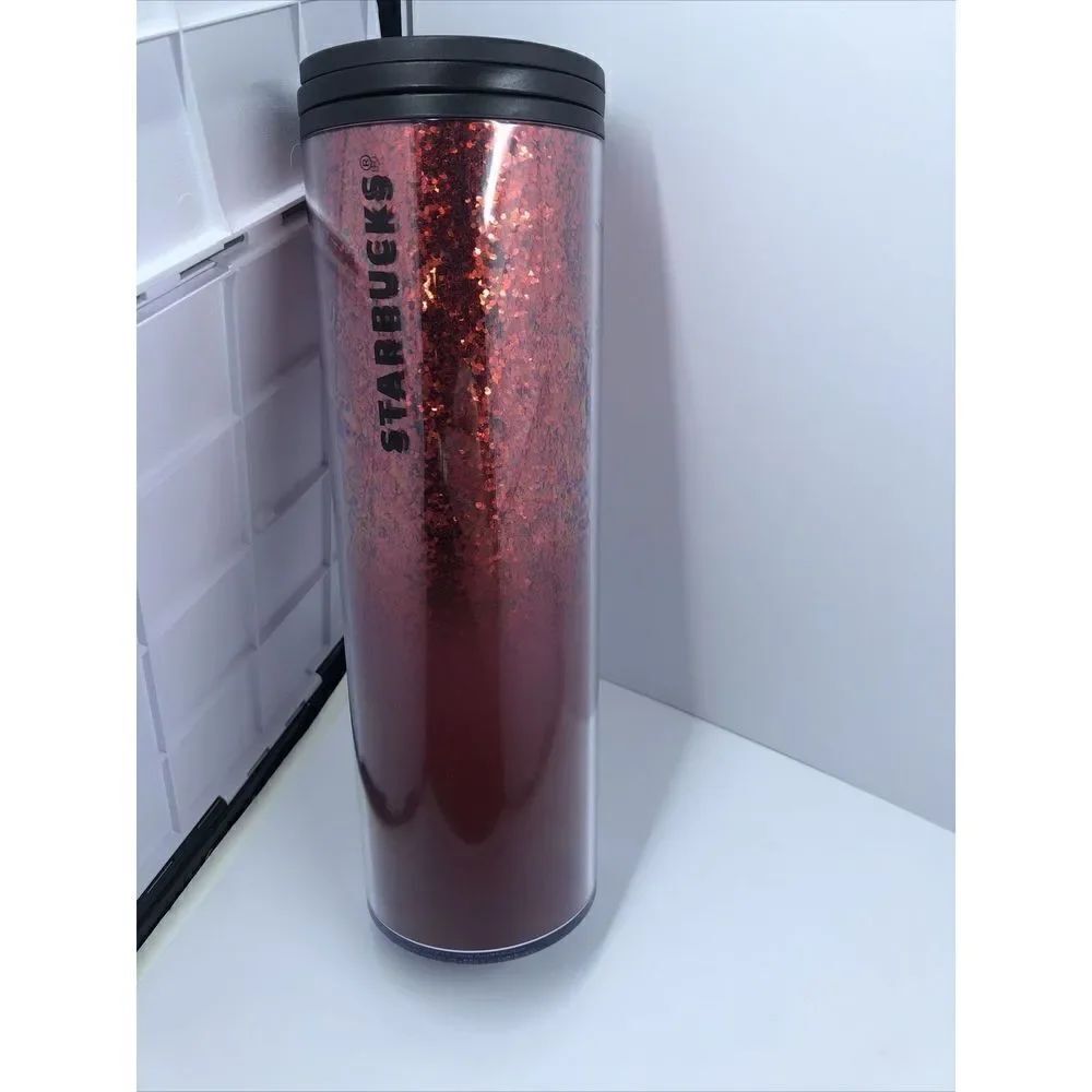Starbucks 16oz Twist Lid Tall Tumbler Travel Mug Cup Holiday Red Sparkle Glitter